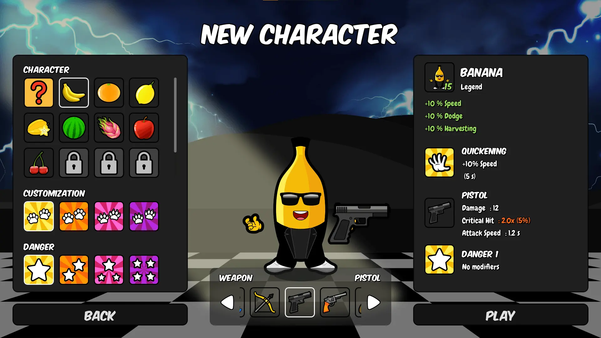 BAENANA screenshot showing the fruit hero character selection screen
