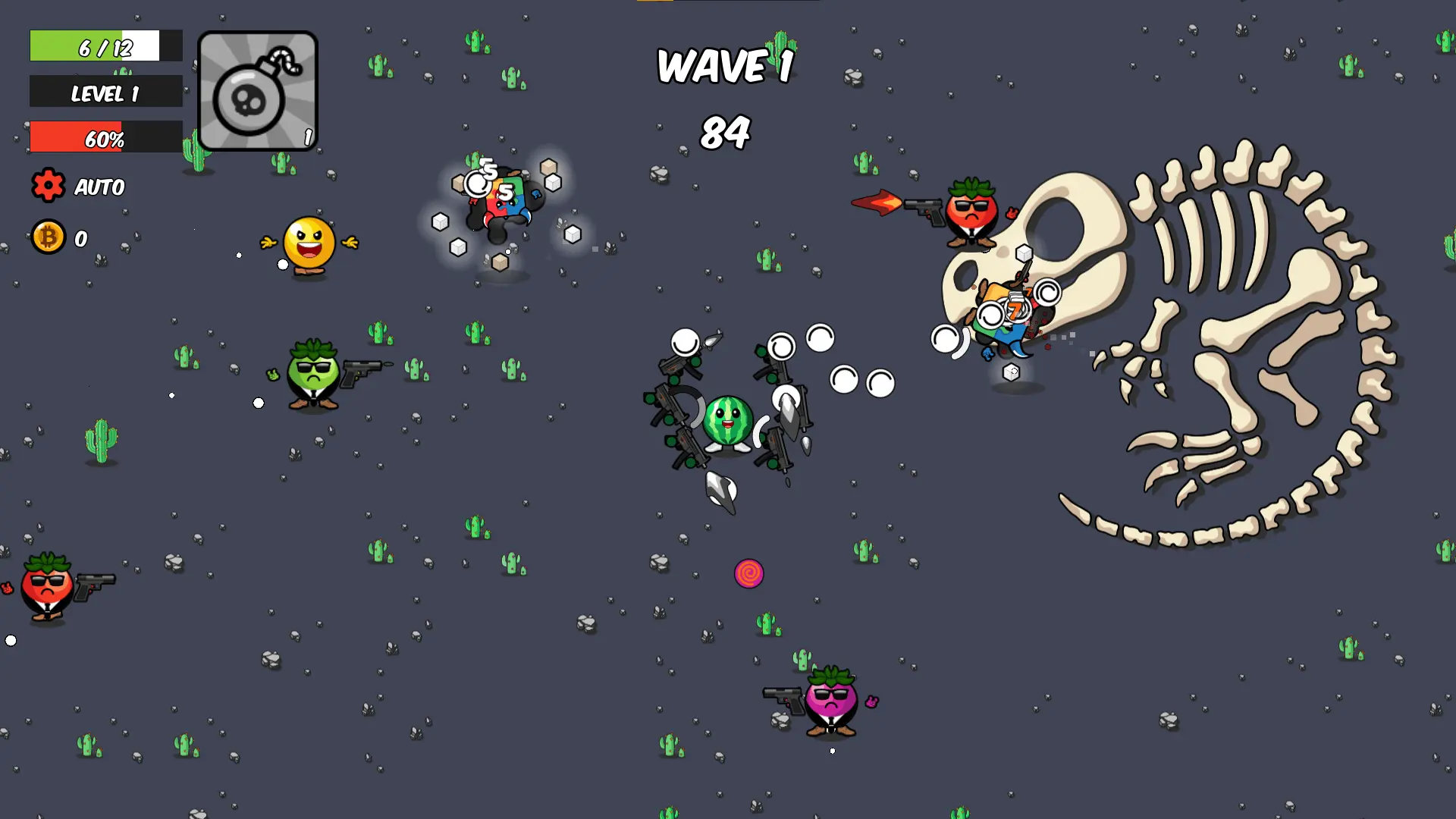BAENANA gameplay screenshot showing a fruit hero fighting in the cyber arena