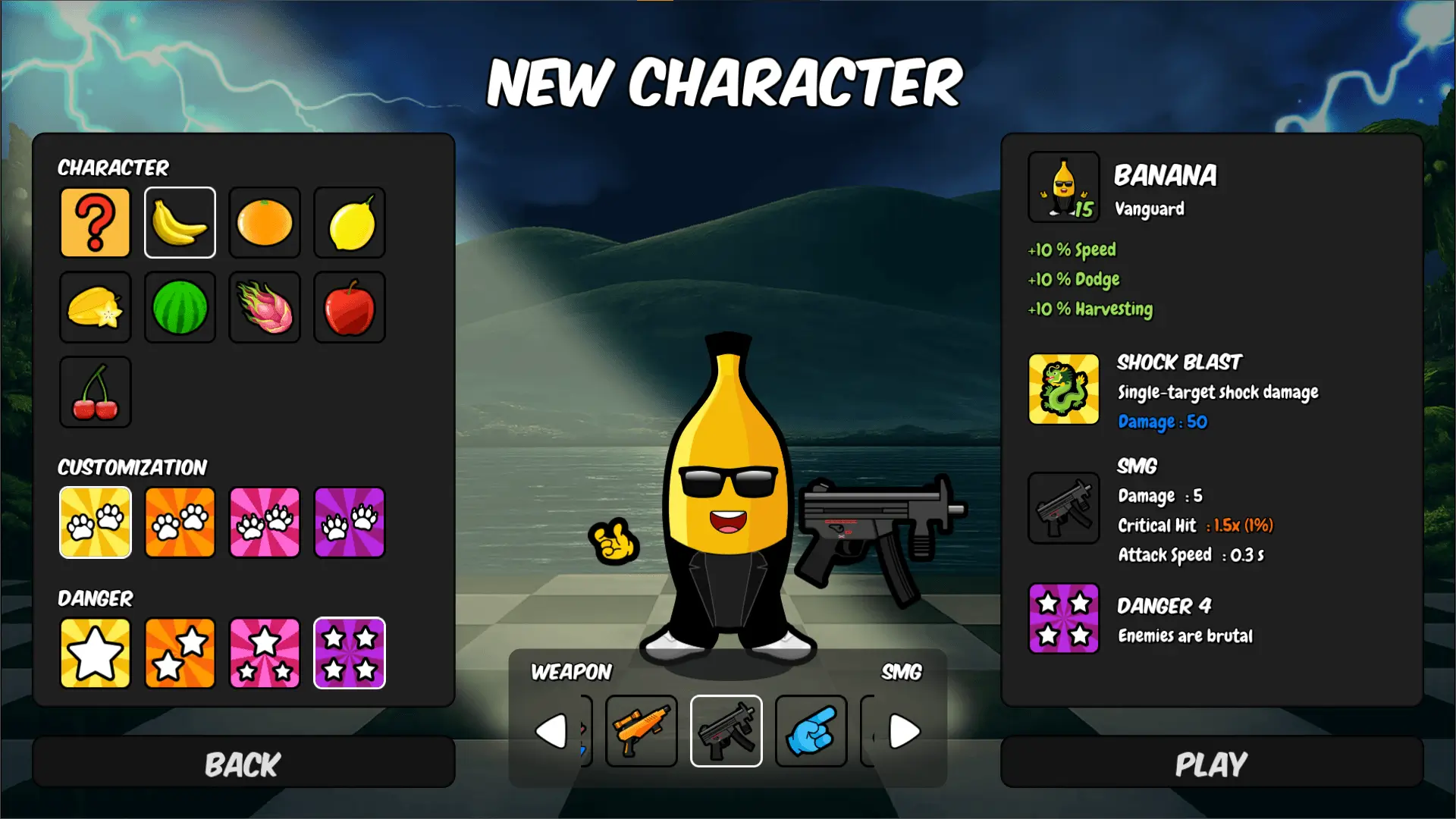 BAENANA gameplay screenshot showing the fruit hero character selection screen.