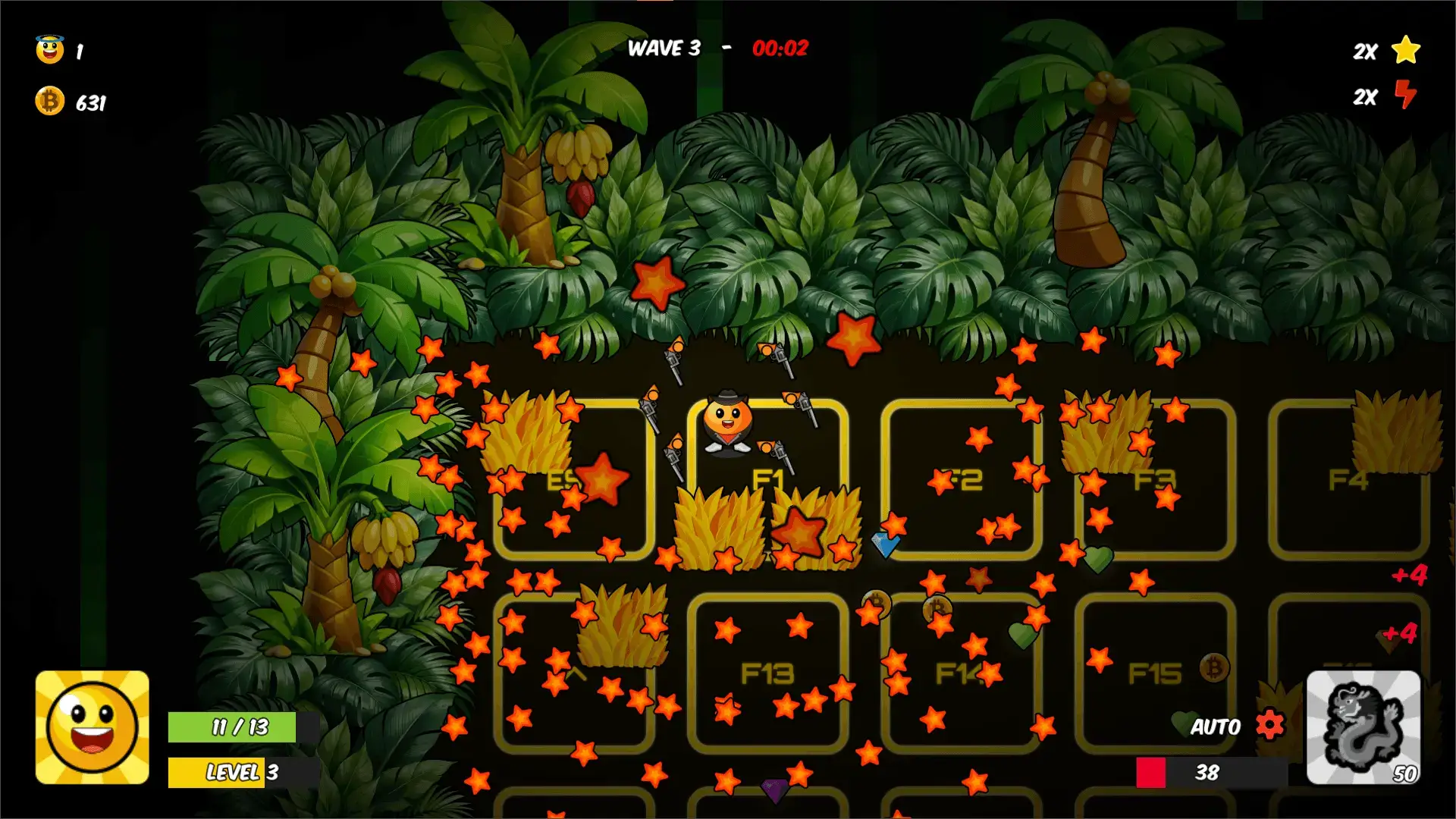 BAENANA gameplay screenshot showing an orange fruit hero using its fire nova powerup skill.