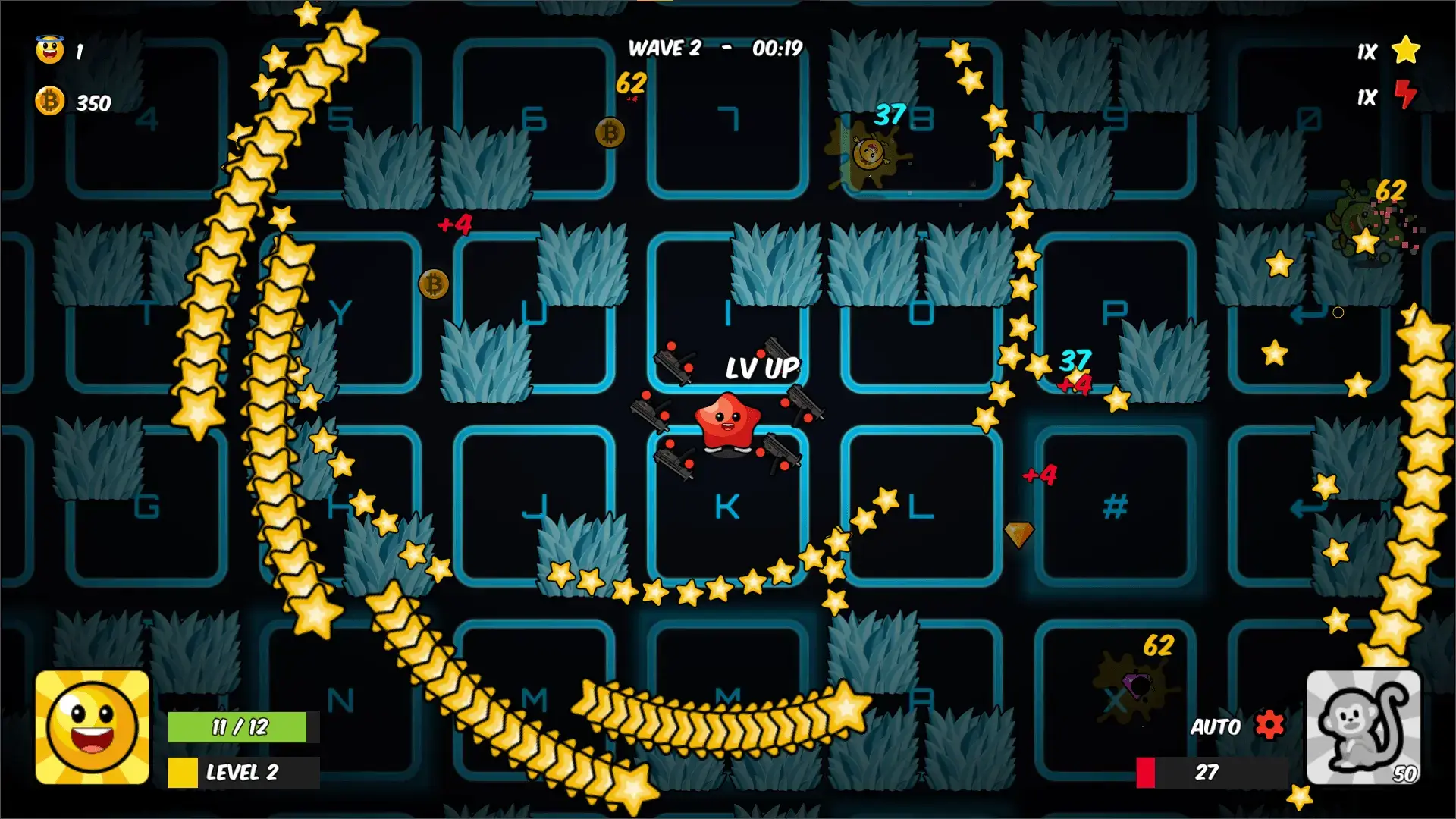 BAENANA gameplay screenshot showing a star fruit hero using its light nova powerup skill.