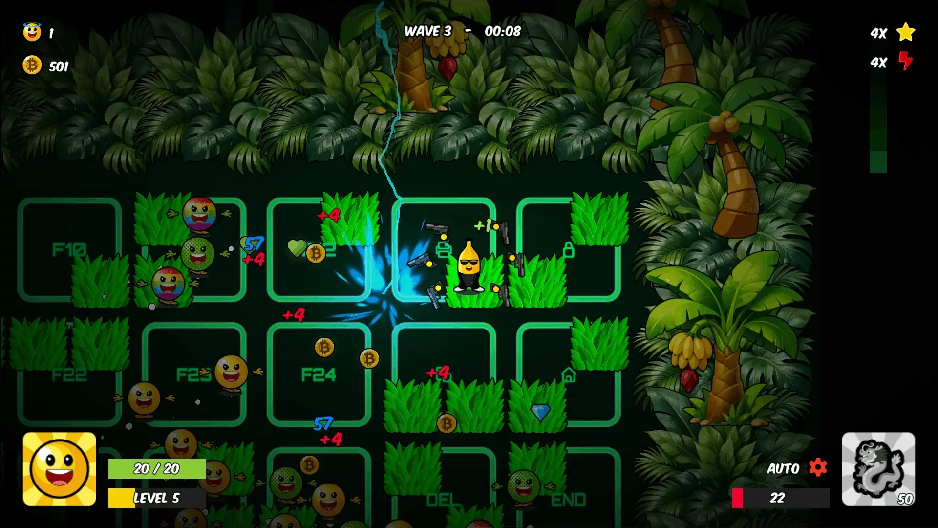 BAENANA gameplay screenshot showing a banana fruit hero using its shock lightning powerup skill.