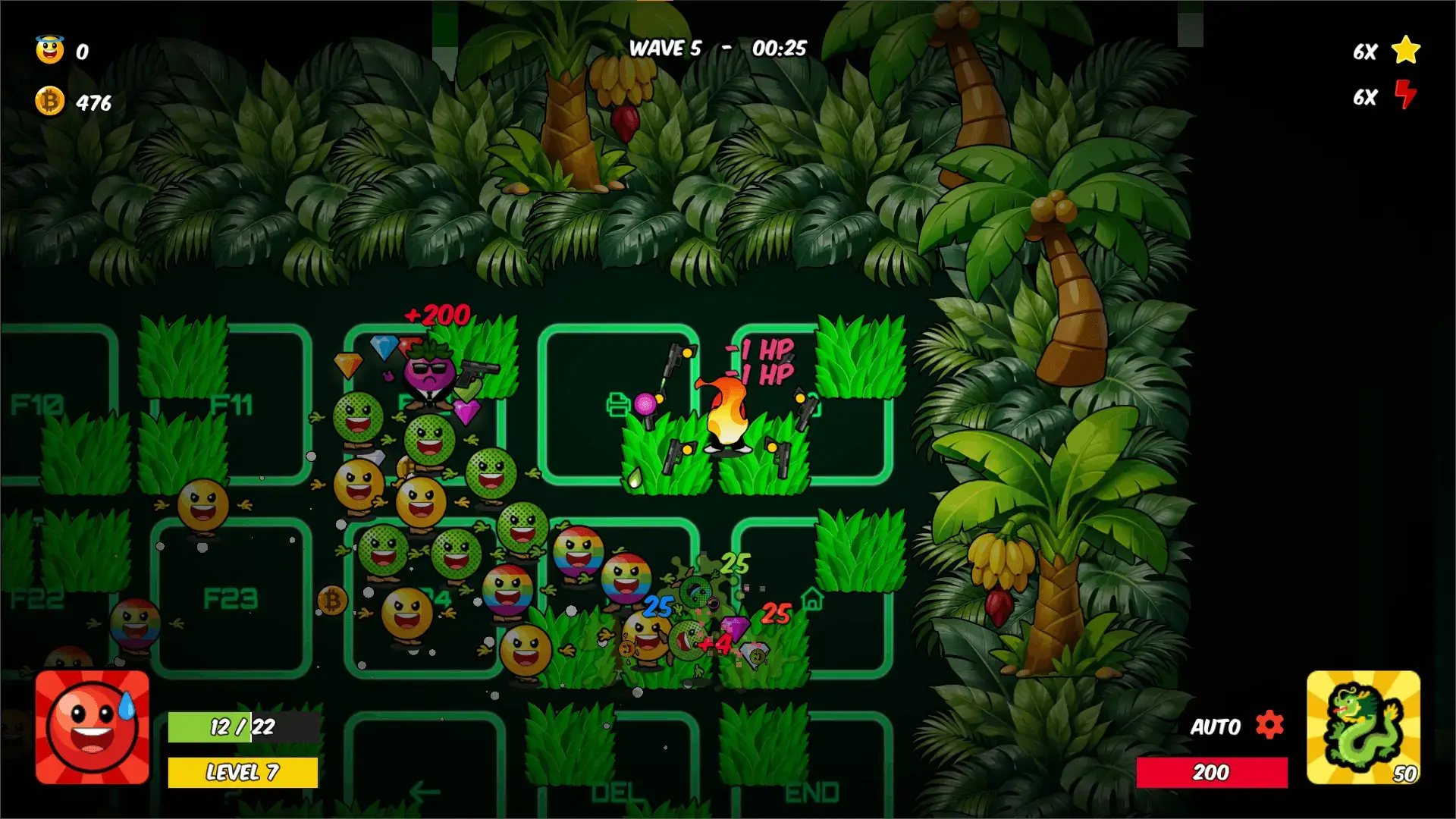 BAENANA gameplay screenshot showing a banana fruit hero taking burning damage over time.