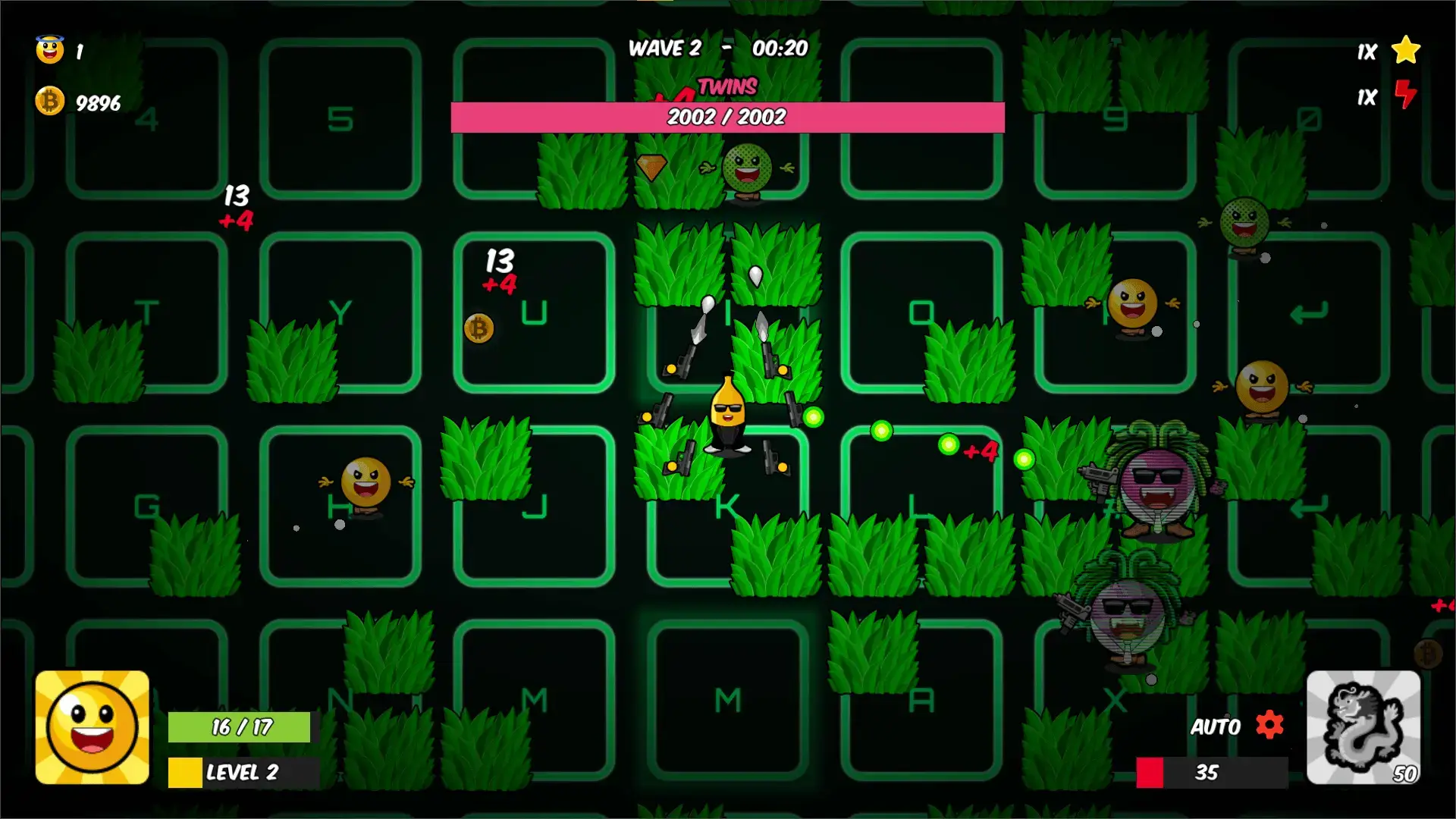 BAENANA gameplay screenshot showing a banana fruit hero fighting the twins mini bosses.