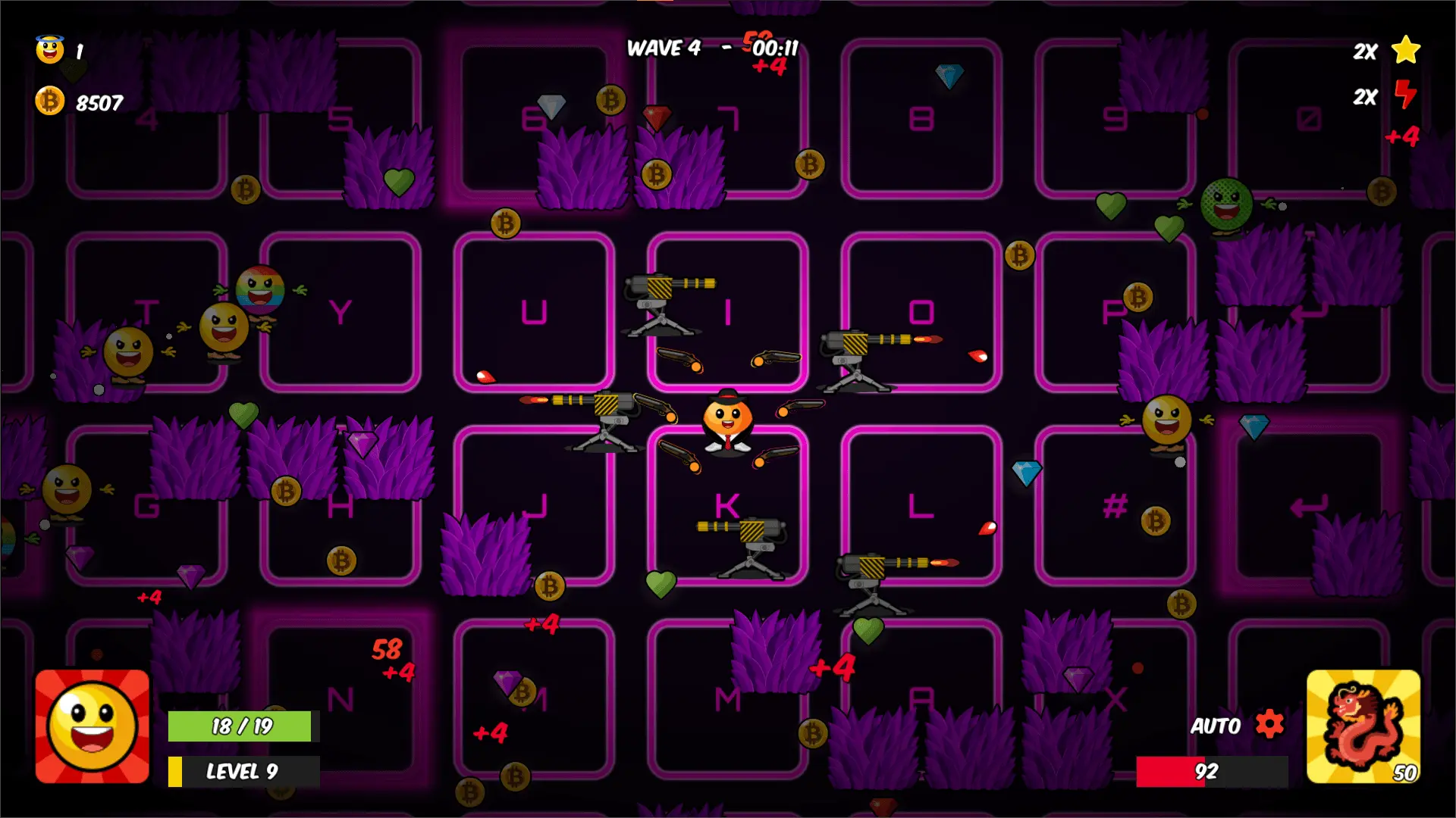 BAENANA gameplay screenshot showing an orange fruit hero spawning gun turrets.