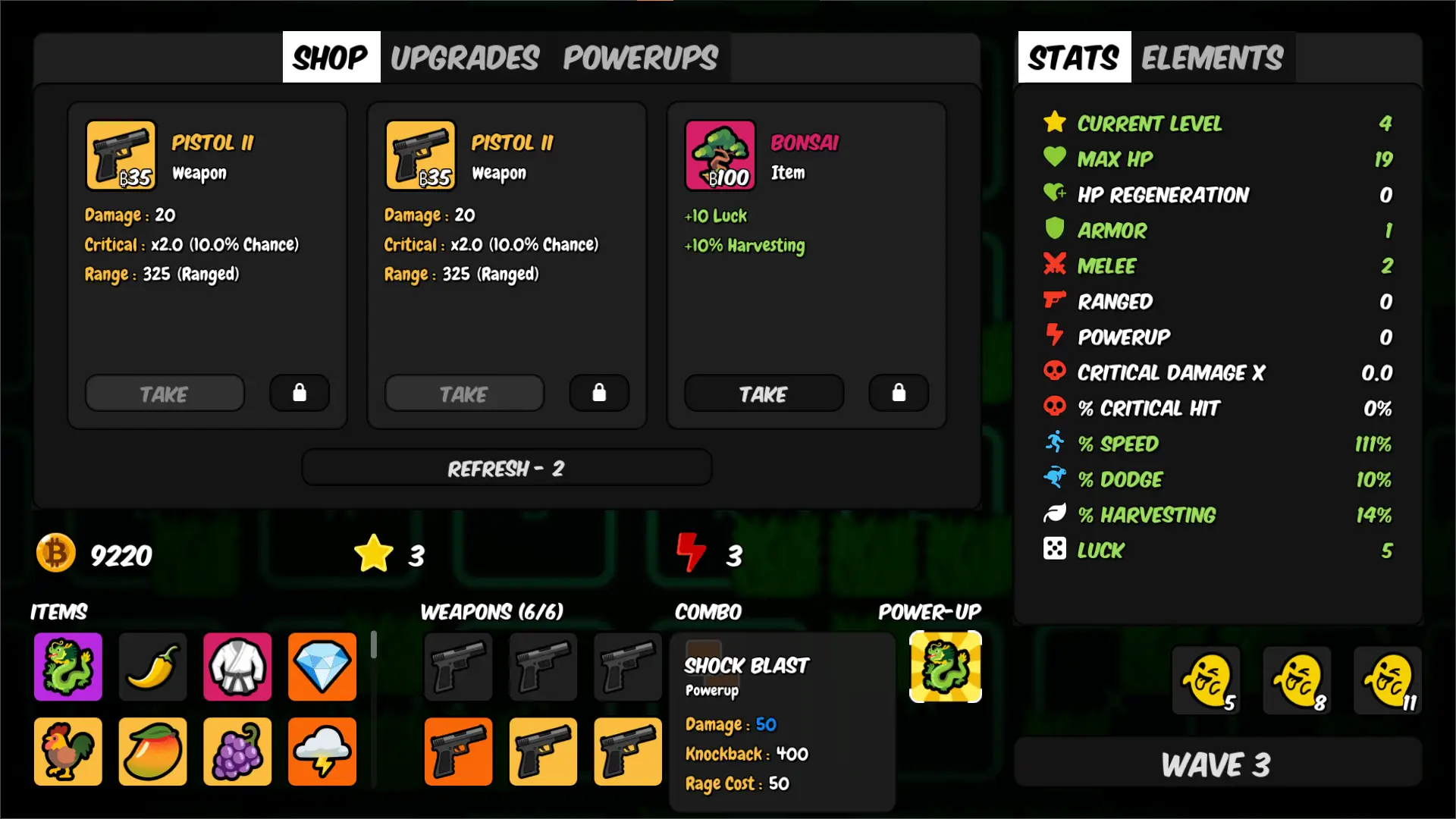 BAENANA gameplay screenshot showing the shop menu between waves.