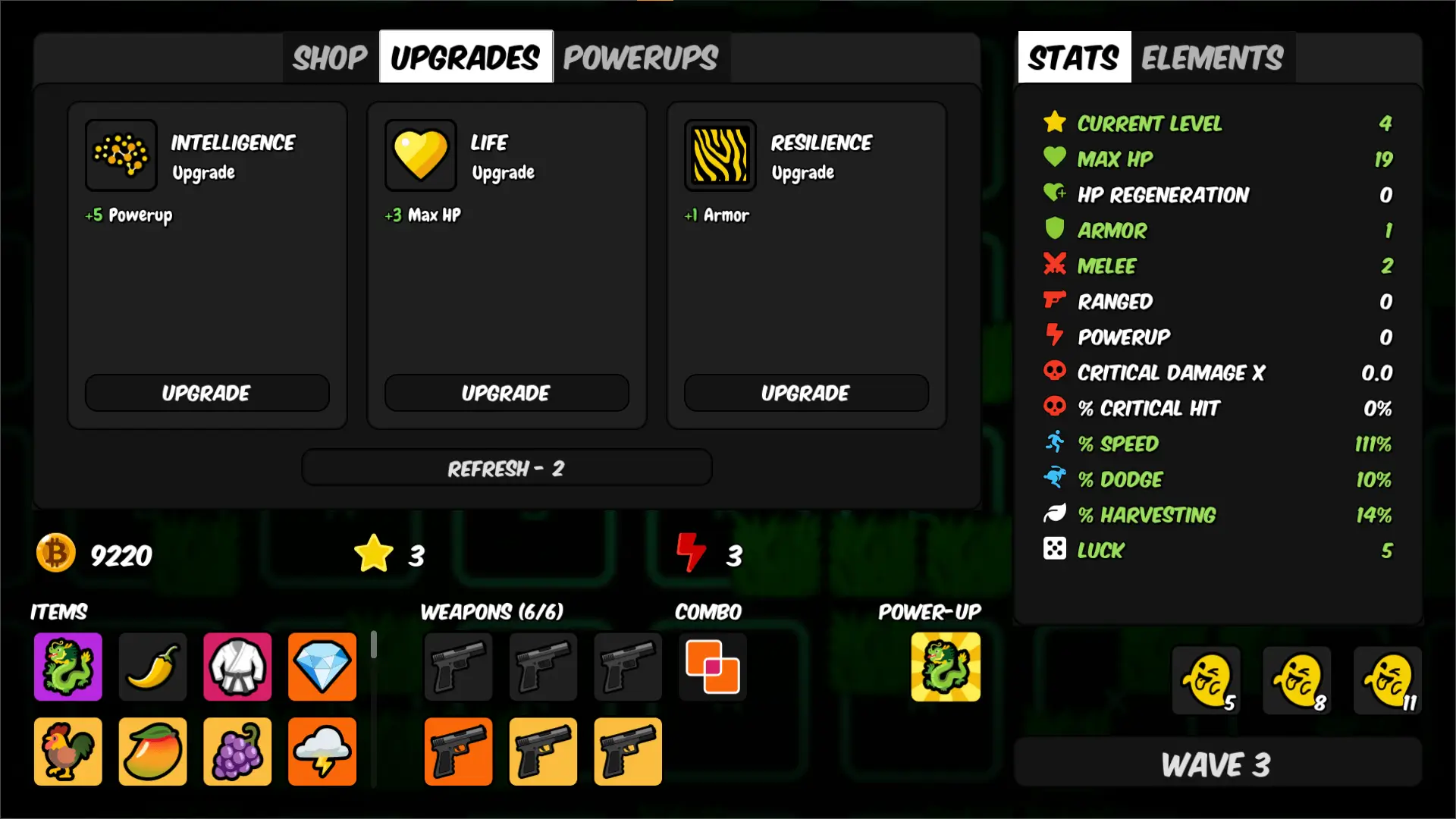 BAENANA gameplay screenshot showing the upgrades menu between waves.