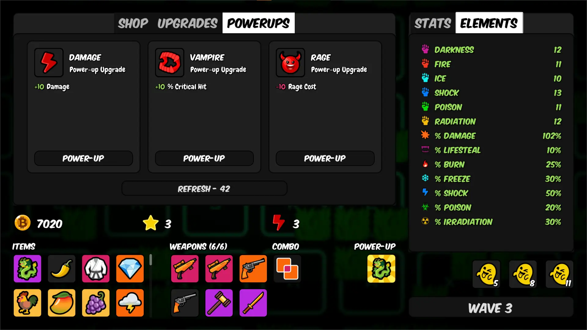 BAENANA gameplay screenshot showing the powerups menu between waves.